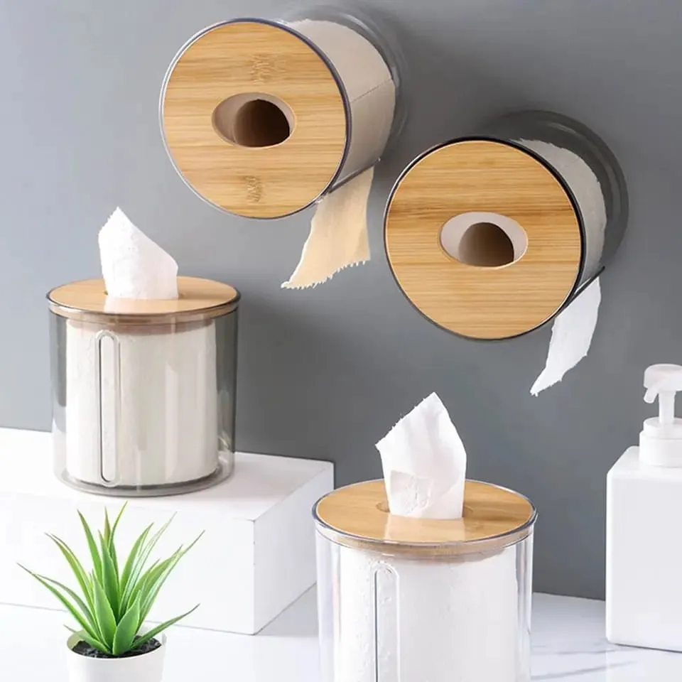 Bamboo Lid Toilet Paper Holder(5287)-Transparent Round