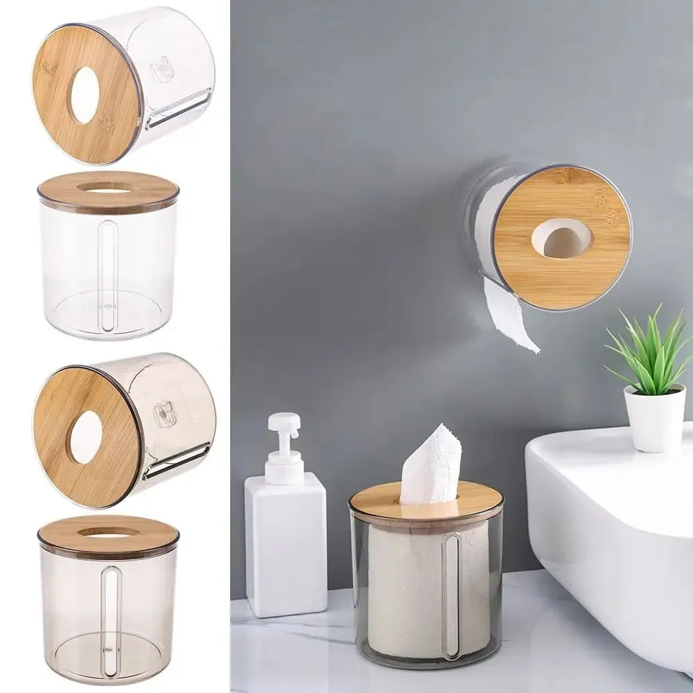 Bamboo Lid Toilet Paper Holder(5287)-Transparent Round