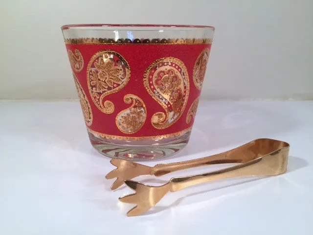 Culver Signed Mid-Century Red & 22-Karat Gold Paisley Ice Container and Tongs