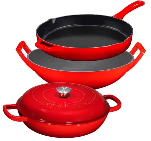 Enameled Cast Iron 3 Piece Bundle Gift Set, 3.8qt. Braiser Pan, 12 inch Skillet & 3qt