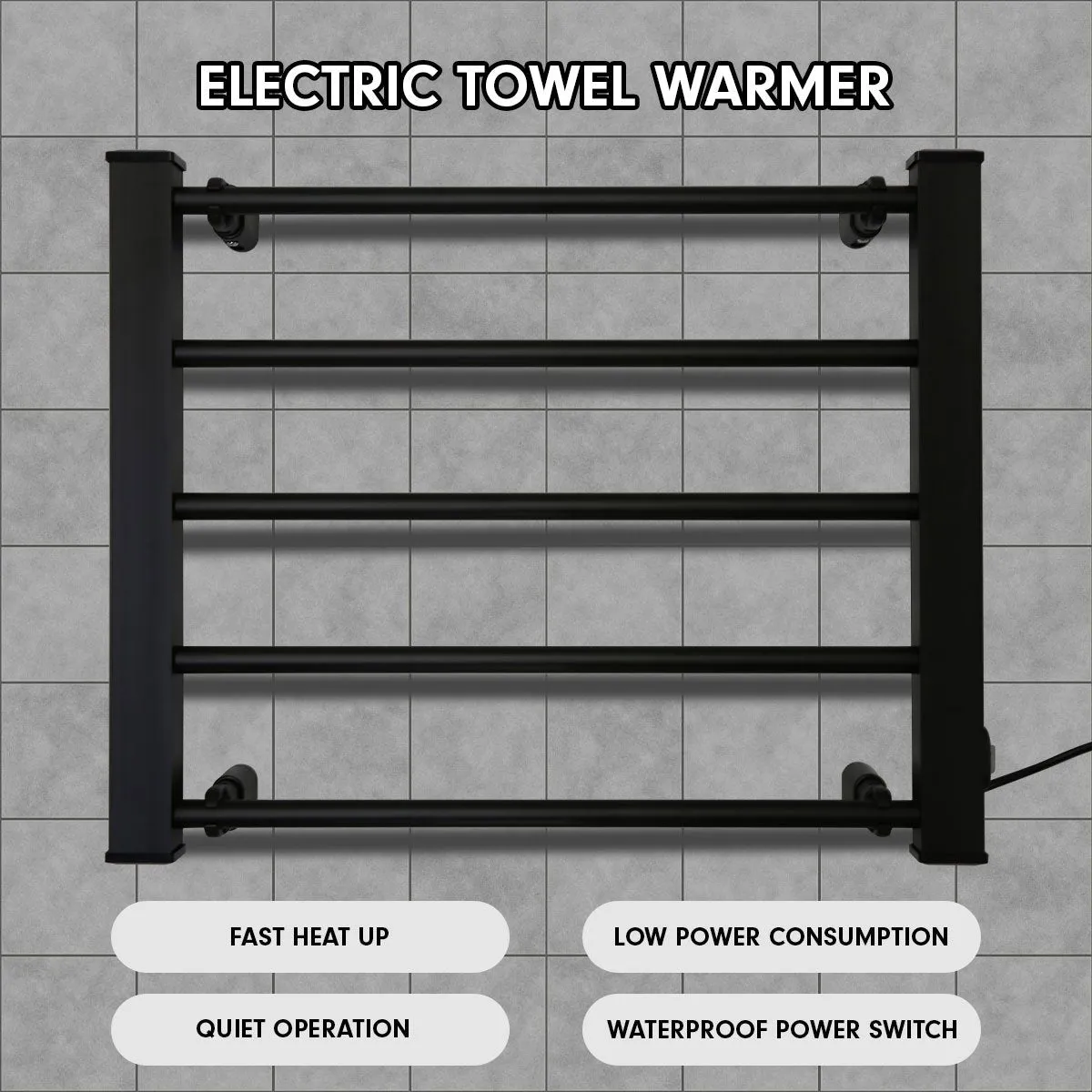 Fast-Heating Electric Towel Rack, Wall-Mounted, Black - Pronti