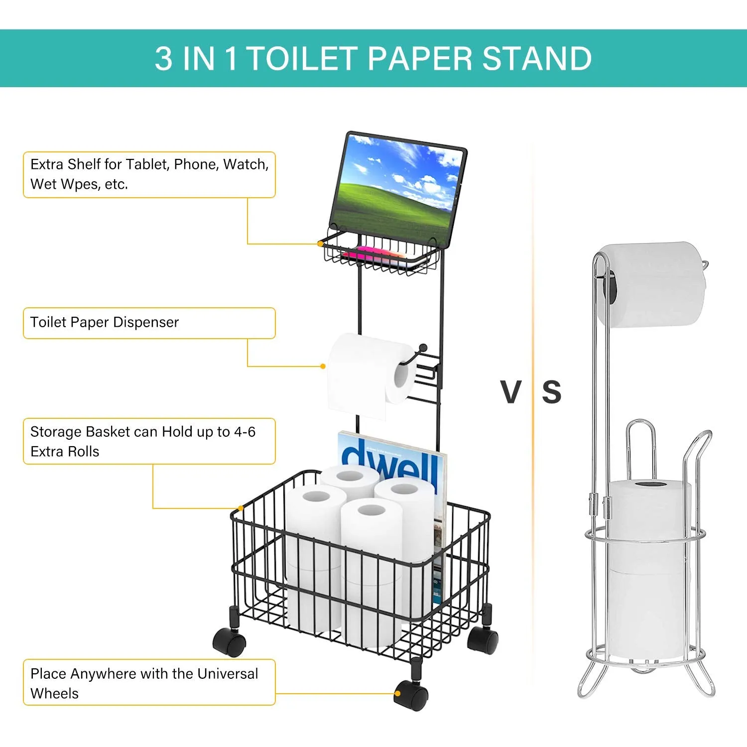 GeekDigg Toilet Paper Holder Stand with Shelf, Free Standing Toilet Paper Holder