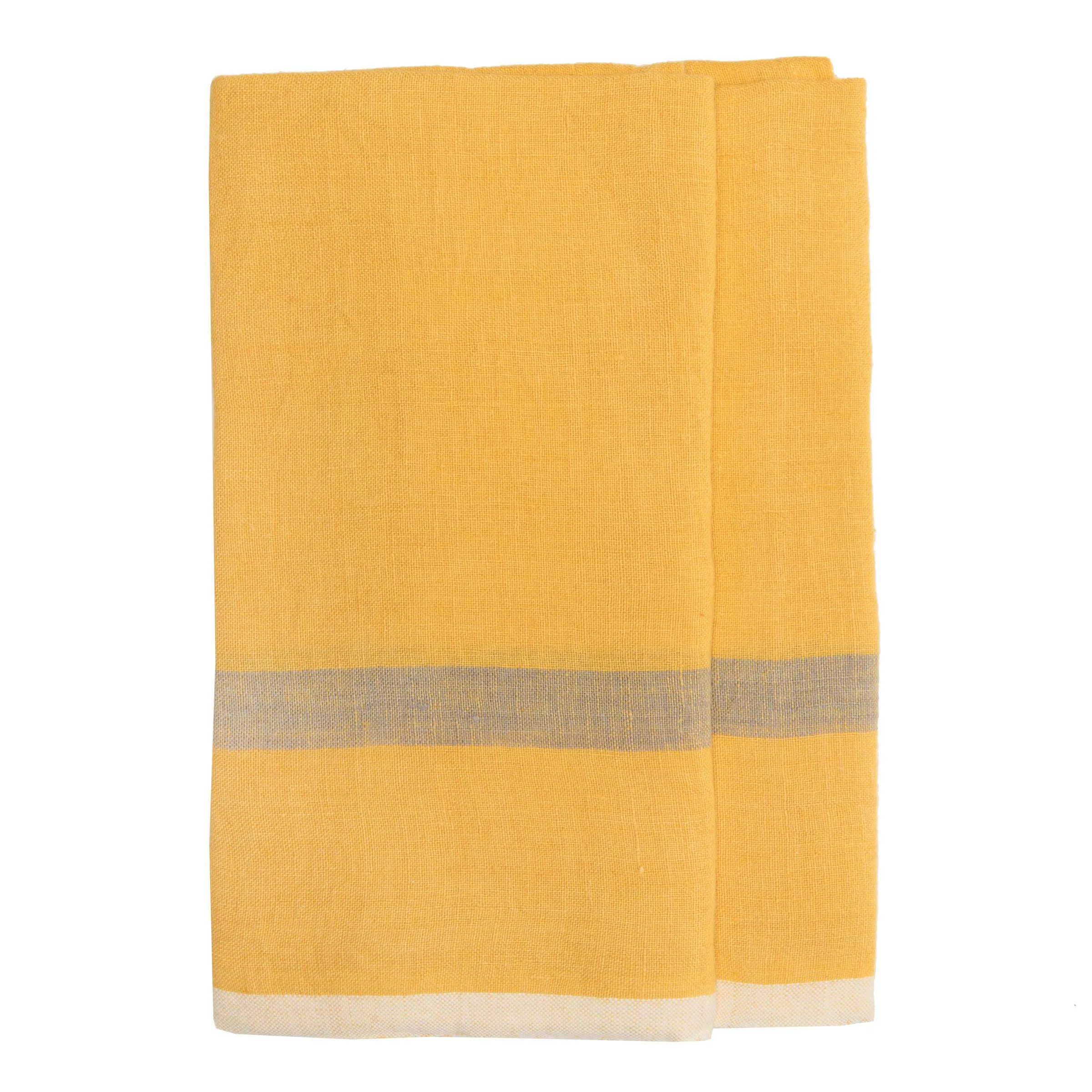 Laundered Linen Kitchen Towels Mustard & Grey, Set of 2