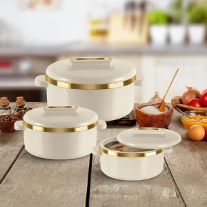 RISHABH Premium Pearl White Insulated Casserole Set with Lid – Includes 1500 ml, 2000 ml, and 2500 ml Sizes