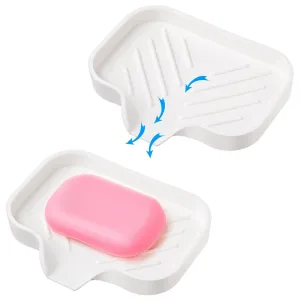 White Silicone Self Draining Rectangular Bar Soap Dishes with Drain 2 Pcs